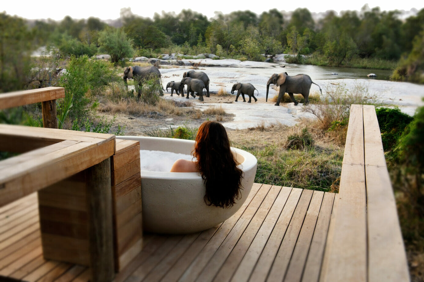 Londolozi Private Granite Suites Outdoor Bath with Elephants