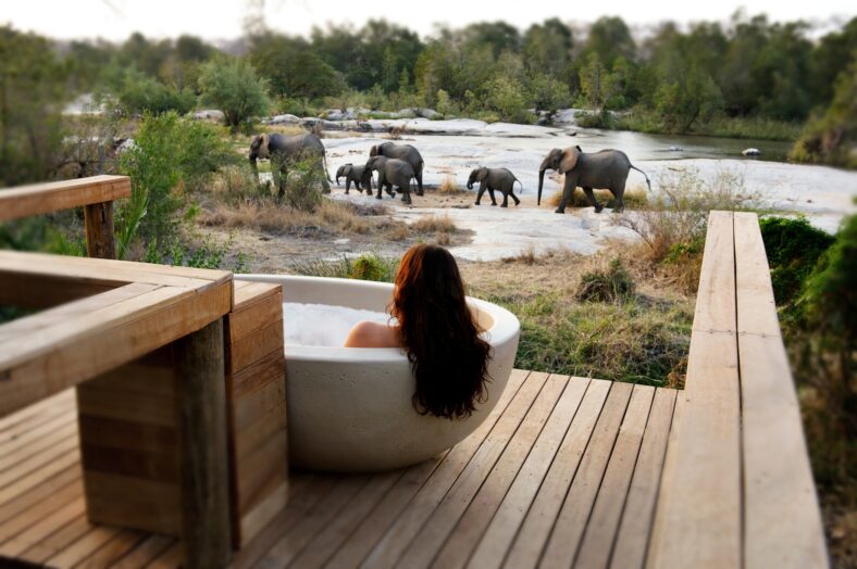 Londolozi Private Granite Suites Outdoor Bath with Elephants
