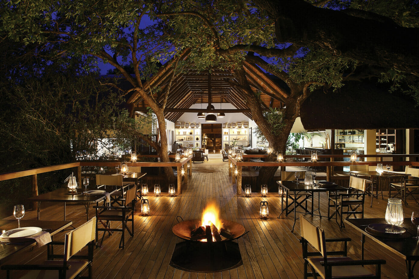 Londolozi Tree Camp Main Area and Outdoor Dining with Campfire