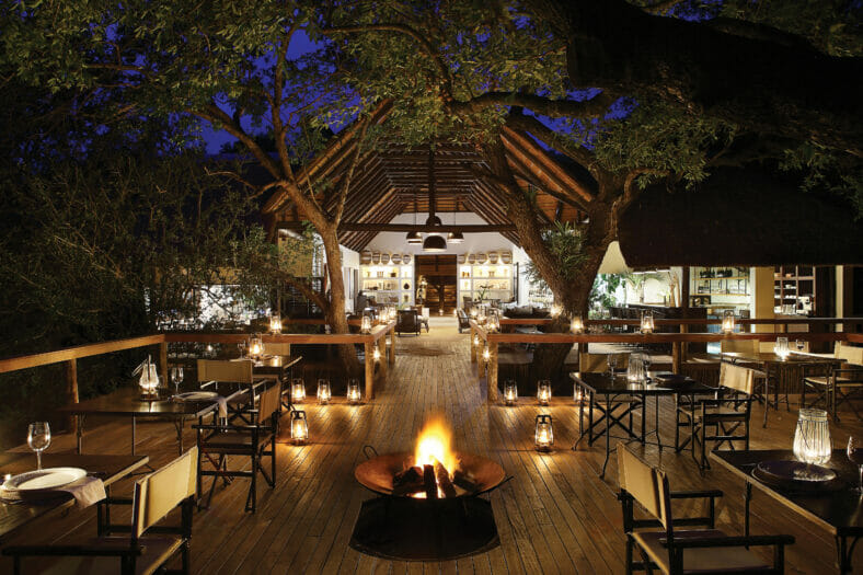 Londolozi Tree Camp Main Area and Outdoor Dining with Campfire