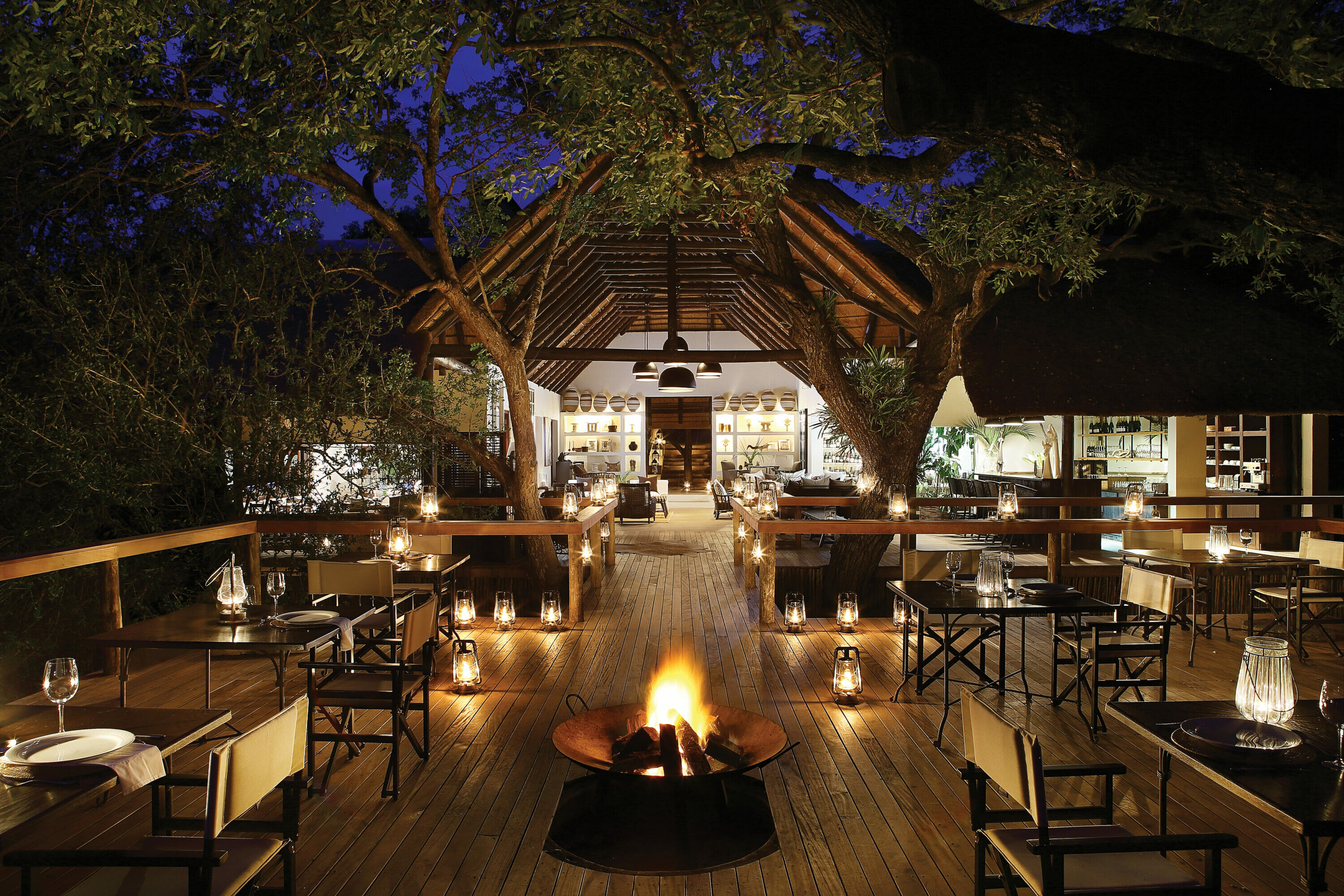 Londolozi Tree Camp Main Area and Outdoor Dining with Campfire