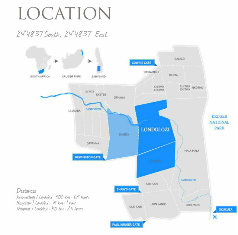 Schematic map of Londolozi's location in the Sabi Sand Game Reserve bordering Kruger National Park.
